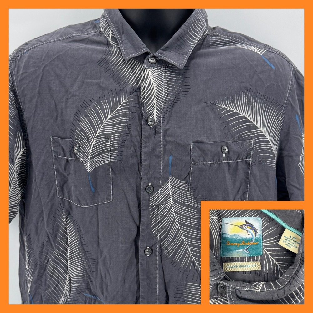 Tommy Bahama Silk Island‎ Modern Fit Gray Palm Print Button Down Shirt L/G